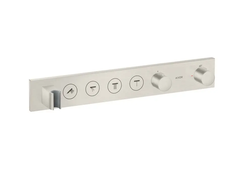 Thermostatmodul von AXOR in Edelstahloptik mit Steuerung für vier Verbraucher, ausgestattet mit Drehknöpfen und grafischen Symbolen zur Funktionsauswahl.